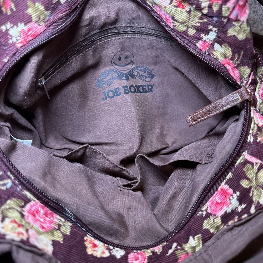 VTG Joe Boxer Shoulder Bag Brown Corduroy Floral Purse Maroon Faux Leather Y2K - Picture 4 of 8